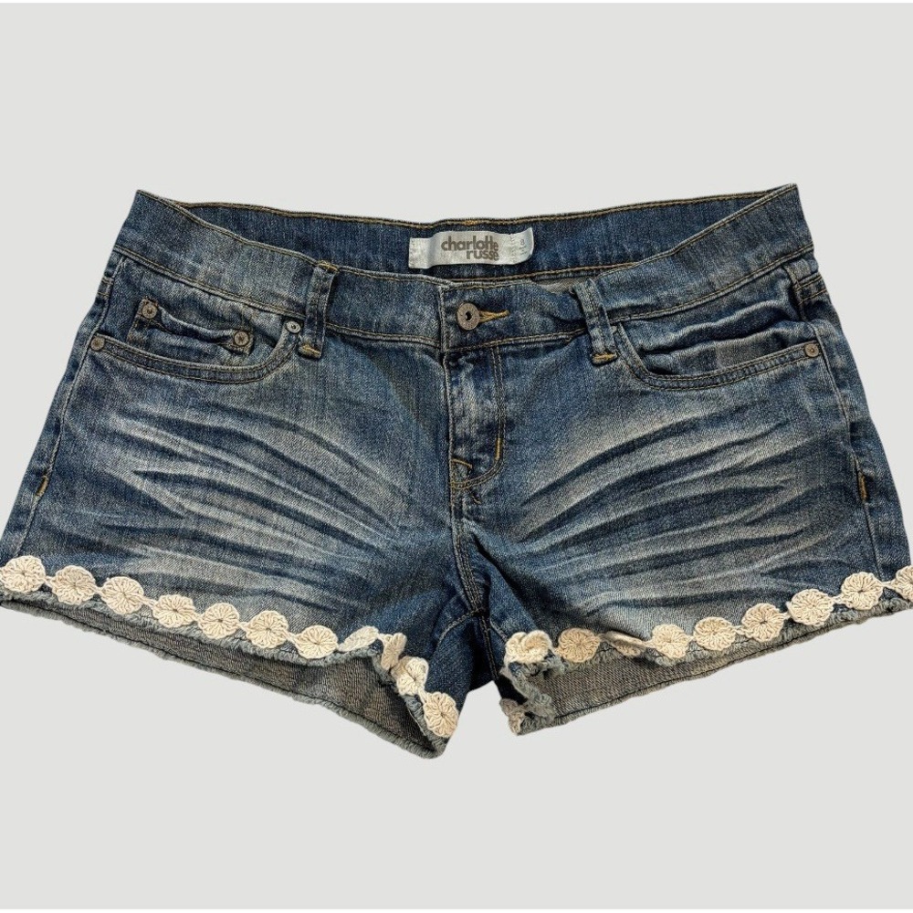 Charlotte Russe Women's 8 Denim Shorts Crochet Lace Trim Whiskered Festival Boho
